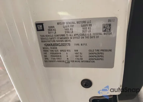 2012 Chevrolet Traverse 2Lt z USA, uszkodzony, nr VIN 1GNKRJEDXCJ322179